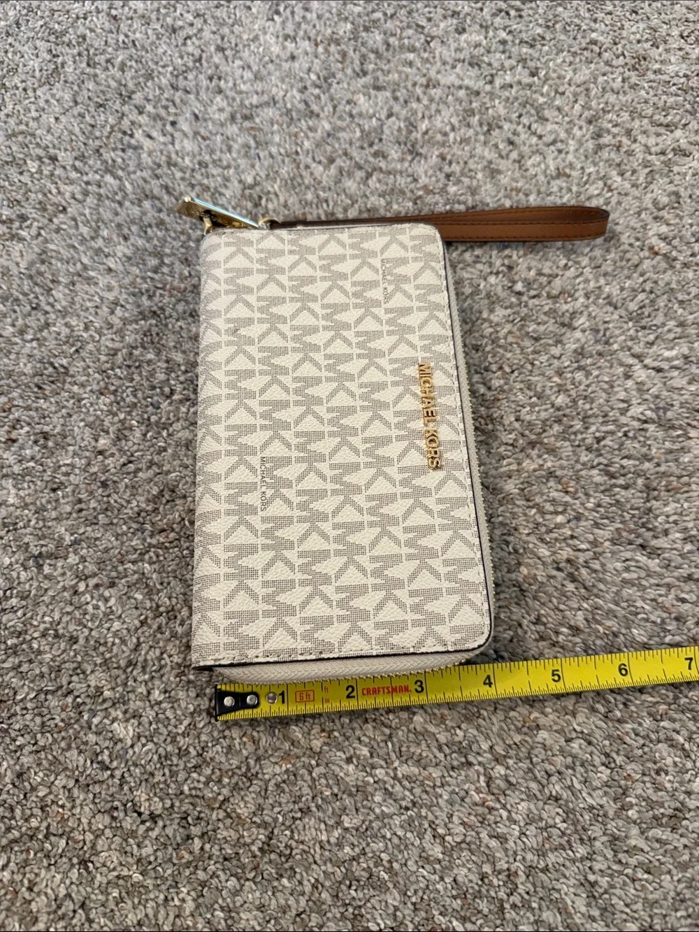 Michael Kors Beige Signature MK Zip Wristlet Wallet with Brown Strap